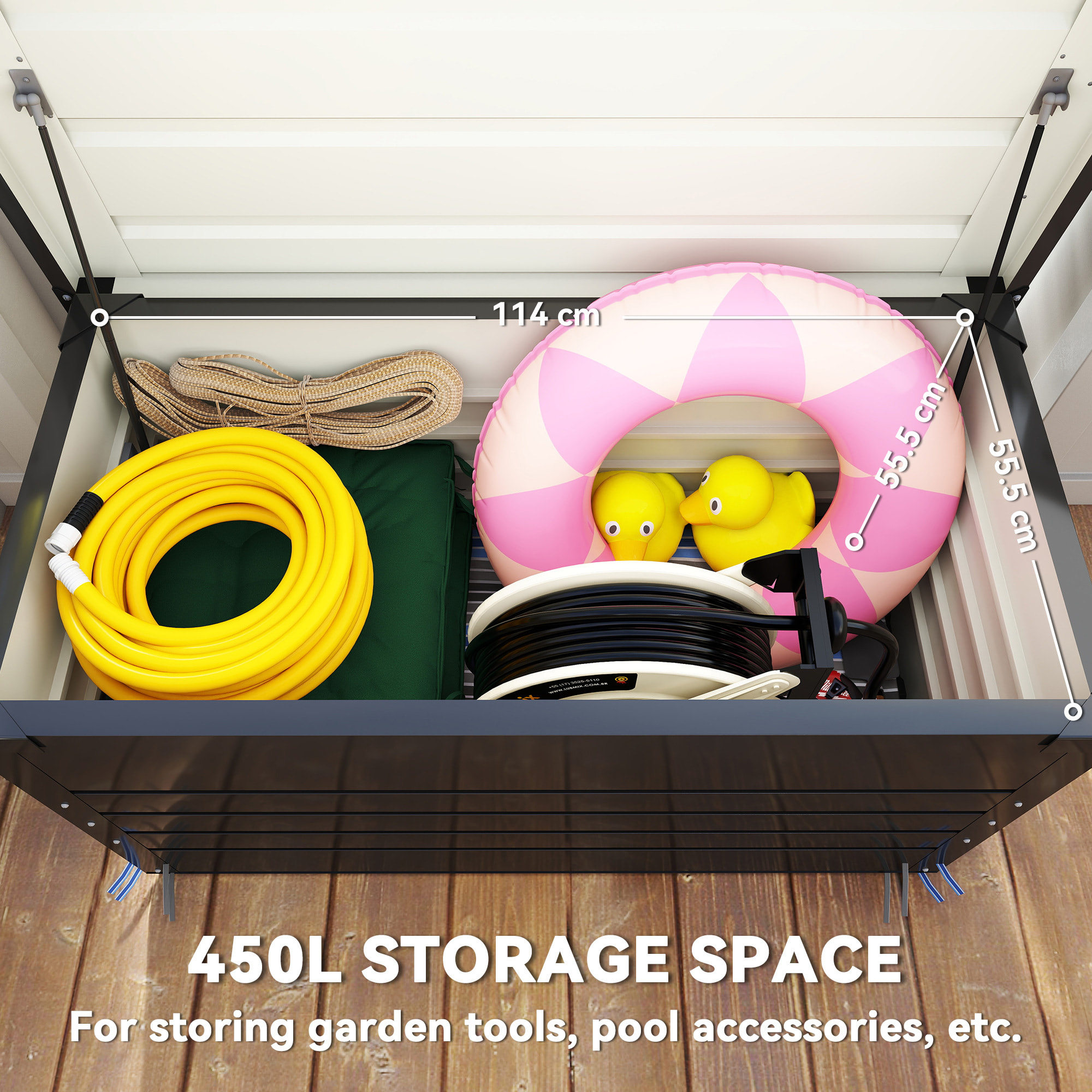 Coffre de jardin acier double couche thermolaqué 450L vérins gaz gris