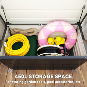 Coffre de jardin acier double couche thermolaqué 450L vérins gaz gris