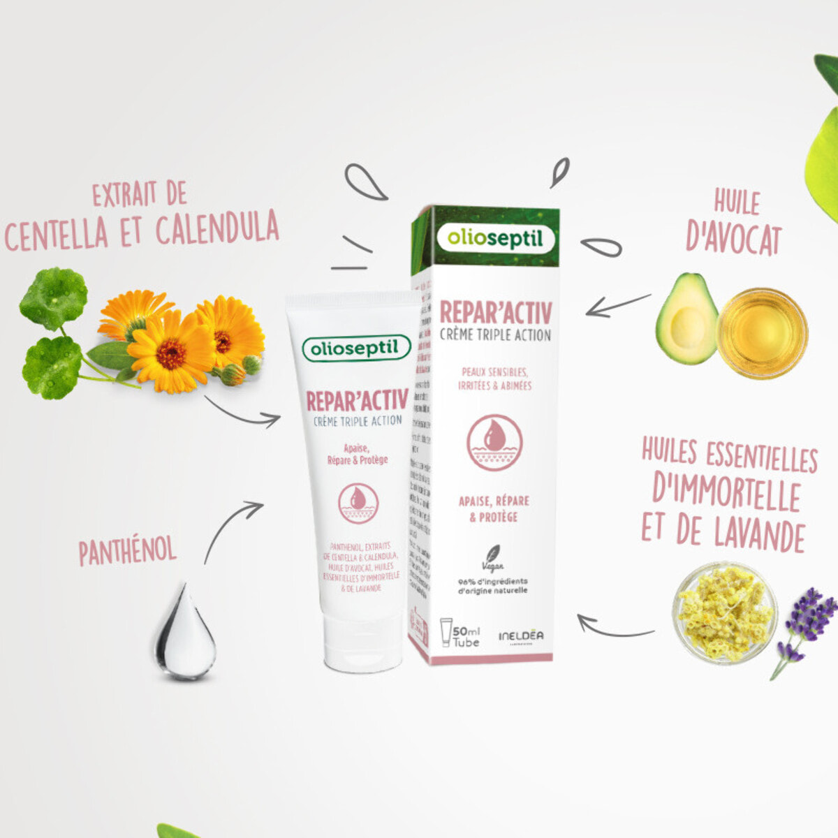 OLIOSEPTIL - Repar'activ - Crème triple action - Aide à Apaiser, Répare et Protège la peau - Adaptée aux Peaux Sensibles - Vegan - Tube 50 ml