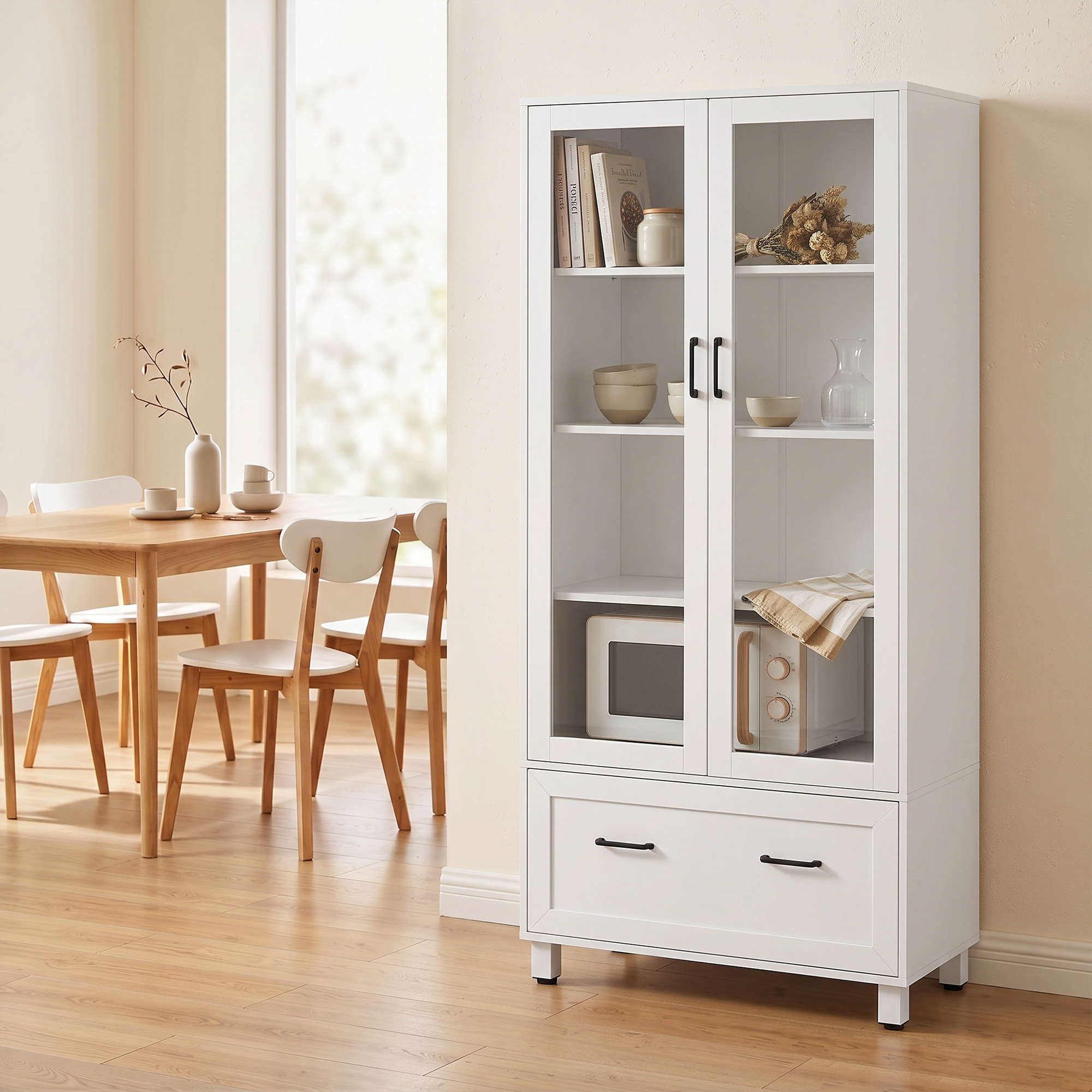 Archivador Vertical con Puertas de Cristal y Cajón, Armario de Oficina con 3 Estantes y Barras Ajustables para Archivos Tamaño A4, Carta y Legal, para Estudio, Salón, 75x40x141 cm, Blanco