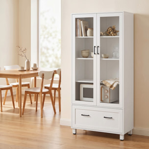 Archivador Vertical con Puertas de Cristal y Cajón, Armario de Oficina con 3 Estantes y Barras Ajustables para Archivos Tamaño A4, Carta y Legal, para Estudio, Salón, 75x40x141 cm, Blanco