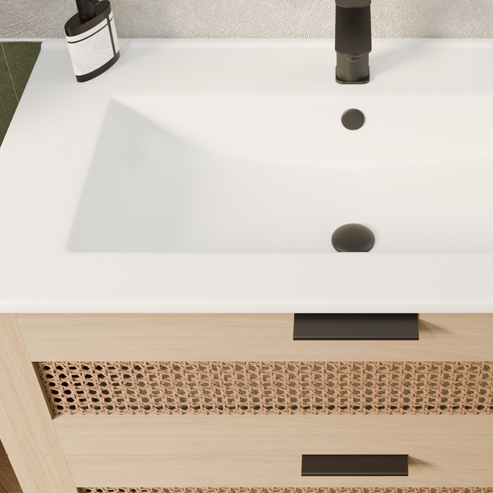 Meuble salle de bain cannage Apolline 60cm décor bois et cannage - 2 tiroirs, vasque et miroir