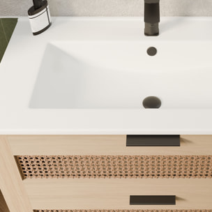 Meuble salle de bain cannage Apolline 60cm décor bois et cannage - 2 tiroirs, vasque et miroir