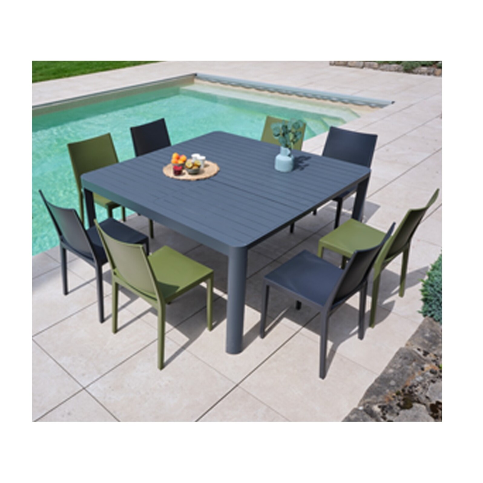 MIMAOS - Ensemble table et chaises de jardin  - Gris Anthracite et Vert olive