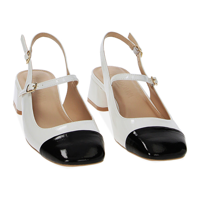 Décolleté slingback bianco-nere in naplack, tacco 5 cm