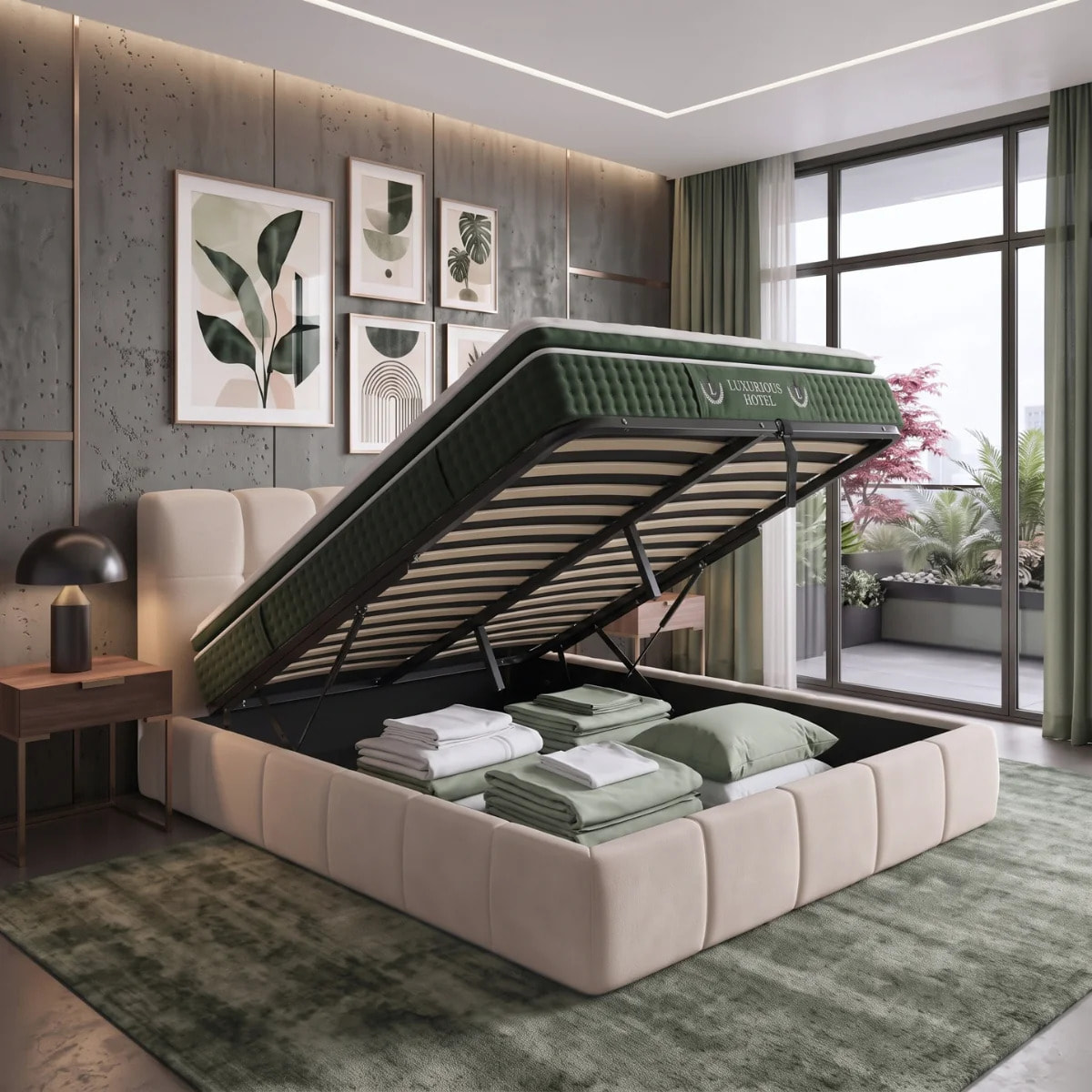 Ensemble matelas Jade & lit coffre Aneto | Mémoire de forme et ressorts ensachés | Grande capacité de stockage | tissu Chenille | Beige