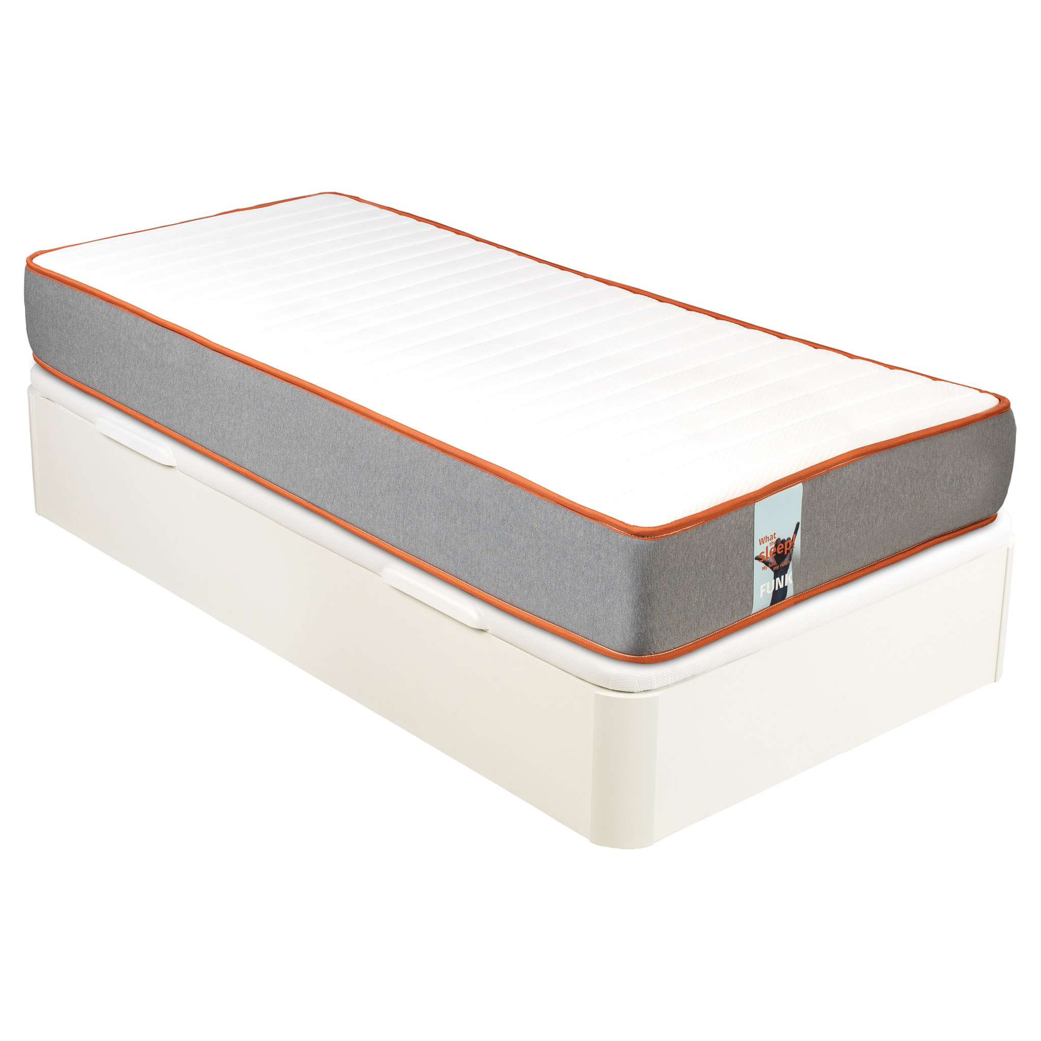 Pack FUNK, Colchón Sostenible Muelle Ensacado y Canapé Juvenil Apertura Lateral Blanco, WHAT THE SLEEP, Entrega, Montaje en Domicilio y Retirada de Usado Incluida