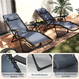 Set de 2 Tumbonas Jardín Exterior Plegables con Mesa Auxiliar Portavasos Tumbonas de Gravedad Cero con Respaldo Ajustable Reposabrazos Extraíble para Patio Piscina Terraza Exterior Gris