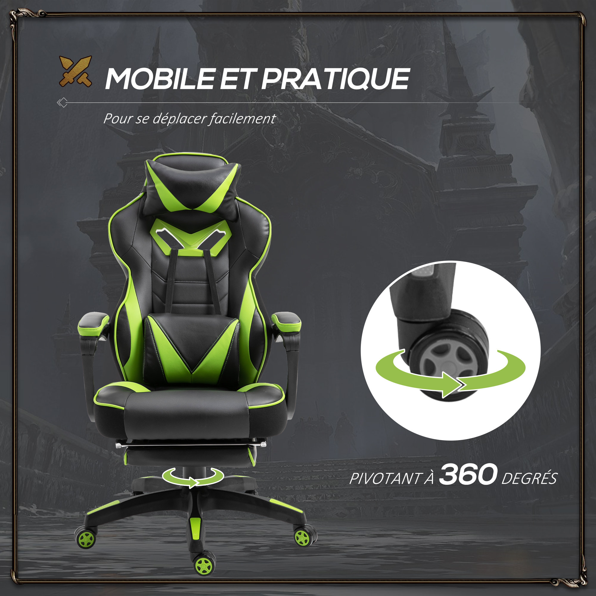 Vinsetto Fauteuil de bureau gamer style baquet racing - pivotant, inclinable - coussin lombaire, tétière, repose-pieds inclus - revêtement synthétique vert noir