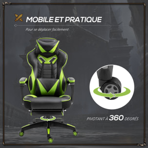 Vinsetto Fauteuil de bureau gamer style baquet racing - pivotant, inclinable - coussin lombaire, tétière, repose-pieds inclus - revêtement synthétique vert noir