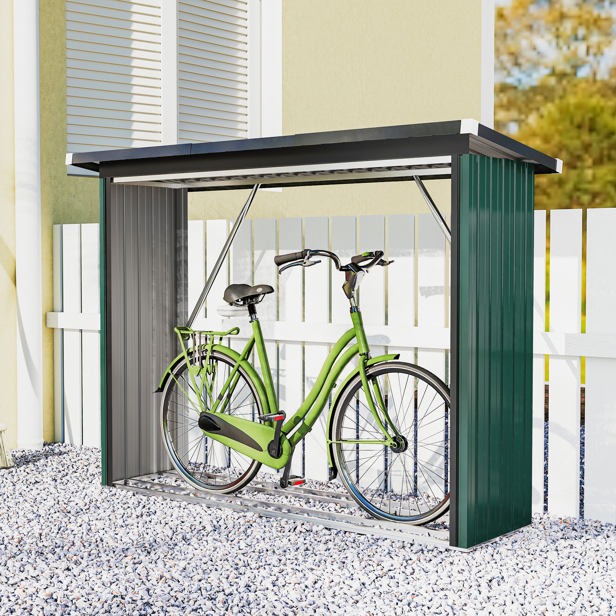 Casetilla para Leña de Acero Galvanizado, Cobertizo Leñero Exterior de Almacenamiento de Troncos, con Base Elevada y Techo Inclinado, 213x66,5x150 cm, Verde