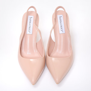 Dècolletè slingback in simil pelle verniciata con tacco a rocchetto tondo