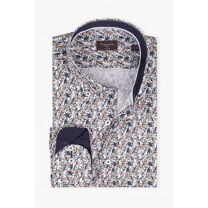 camicia uomo 1 bottone button down slim Popeline Stampato Bianco e Blu