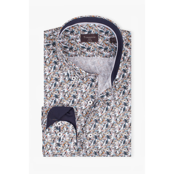 camicia uomo 1 bottone button down slim Popeline Stampato Bianco e Blu