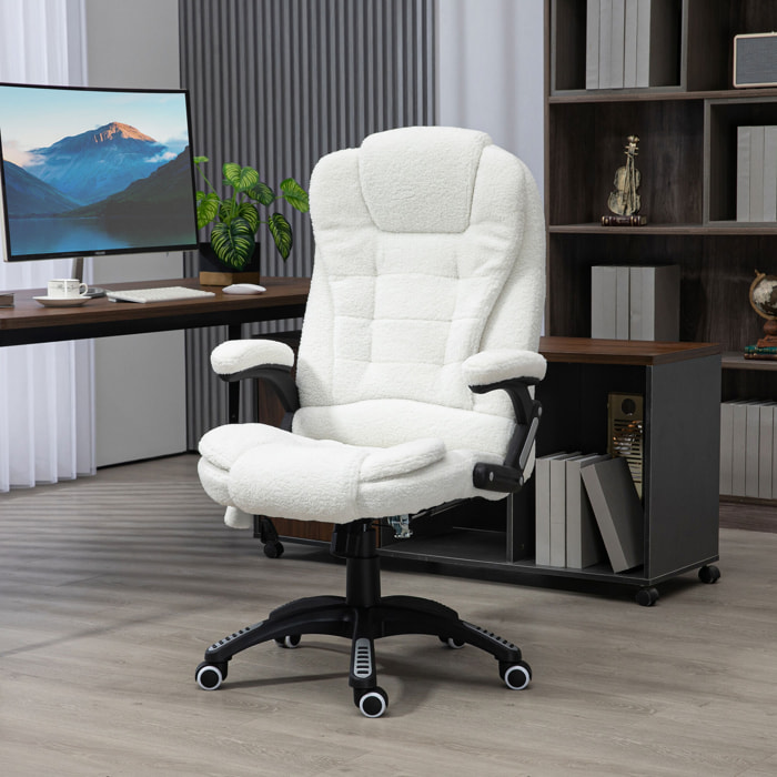 Silla de Masaje con 6 Puntos de Masaje Silla de Oficina Giratoria Silla de Escritorio con Función de Calefacción Altura Ajustable Control Remoto y Reposacabezas Tejido de Borreguillo Blanco