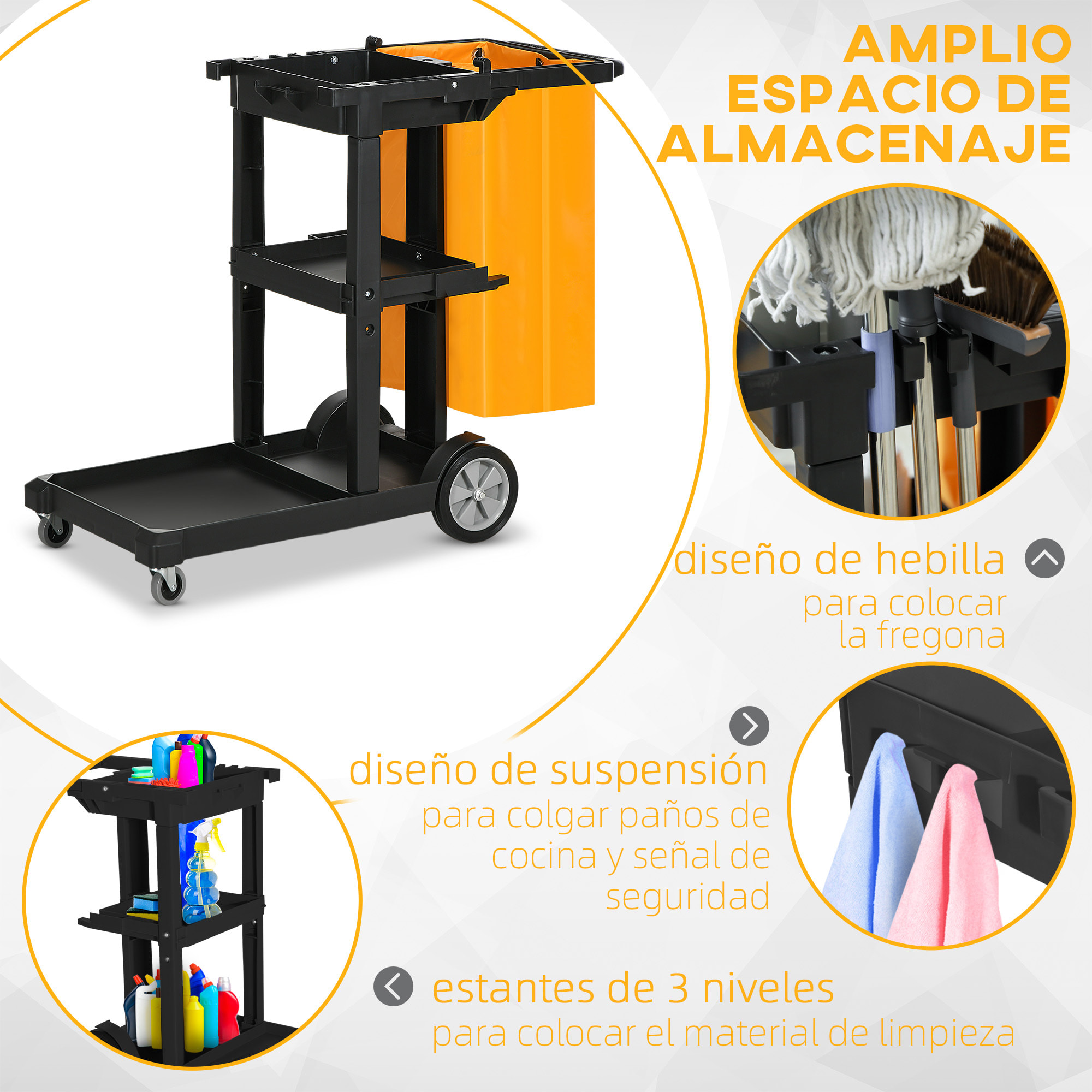 Carro de Limpieza con Bolsa Carro de Servicio con Ruedas y 3 Estantes Carro para Limpieza para Hotel Hostal 121x50,5x96,5 cm Negro y Amarillo