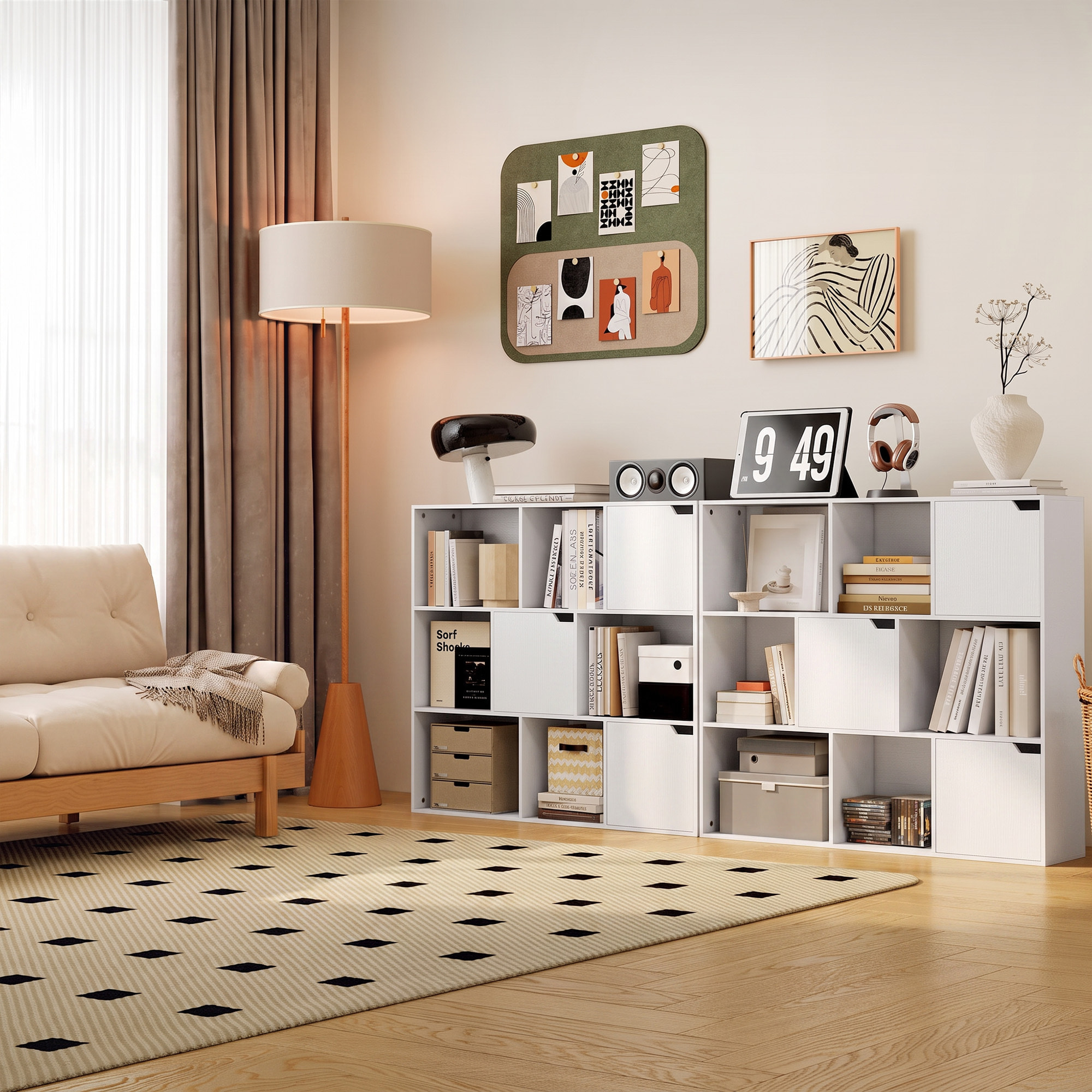 Estantería de 9 Cubos, Librería de 3 Niveles con 3 Puertas y 6 Compartimentos Abiertos, Estilo Moderno, para Dormitorio, Salón, Estudio u Oficina, 106x24x95 cm, Blanco