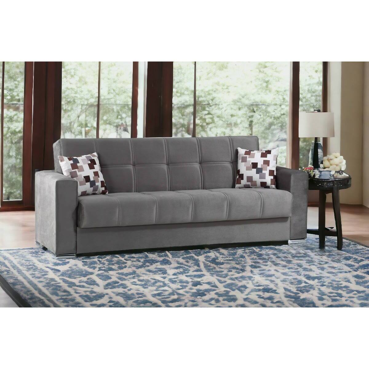 Divano letto Francisco, Divano letto contenitore a 3 posti lineare, Sofà da soggiorno in tessuto imbottito con apertura click-clack, 226x85h91 cm, Grigio