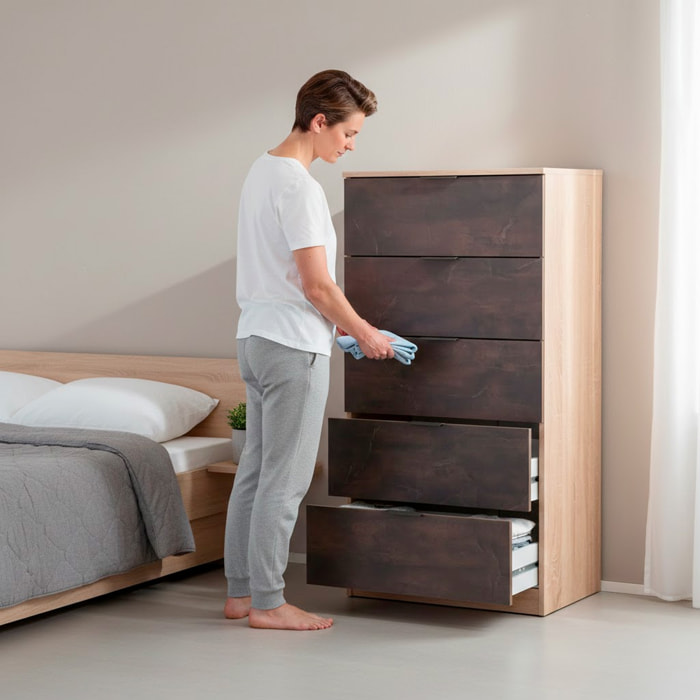 Comò Alto 5 Cassetti Sinfonier Stile Industriale Comodino Mobile Contenitore Salvaspazio Moderno Camera Da Letto 110 x 60 x 40 Cm Rovere E Ossido