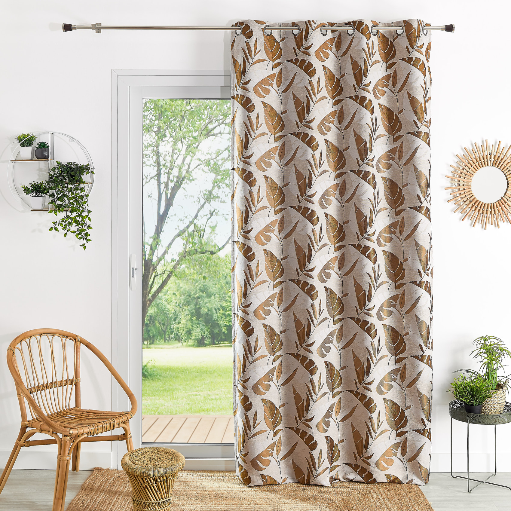 Rideau tamisant à oeillets motif feuilles - Jaune Ocre