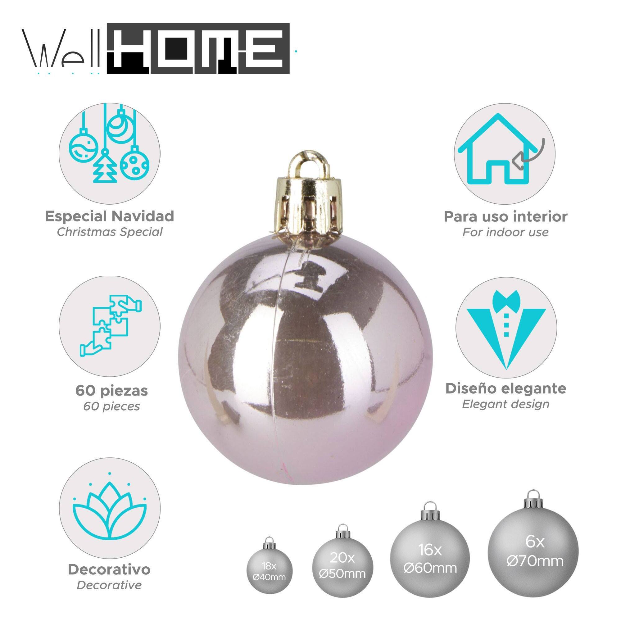 Conjunto de 60 bolas de navidad en colores champagne en varios diseños y acabados