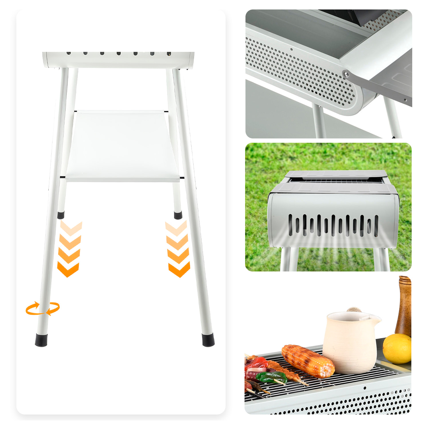 Barbecue portatile a carbone K-701 con design pieghevole, maniglia per il trasporto, ventilazione ottimizzata e ampi vassoi di stoccaggio integrati.