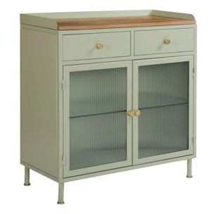 Buffet 2 portes 2 tiroirs en métal vert, manguier et verre - Marnie