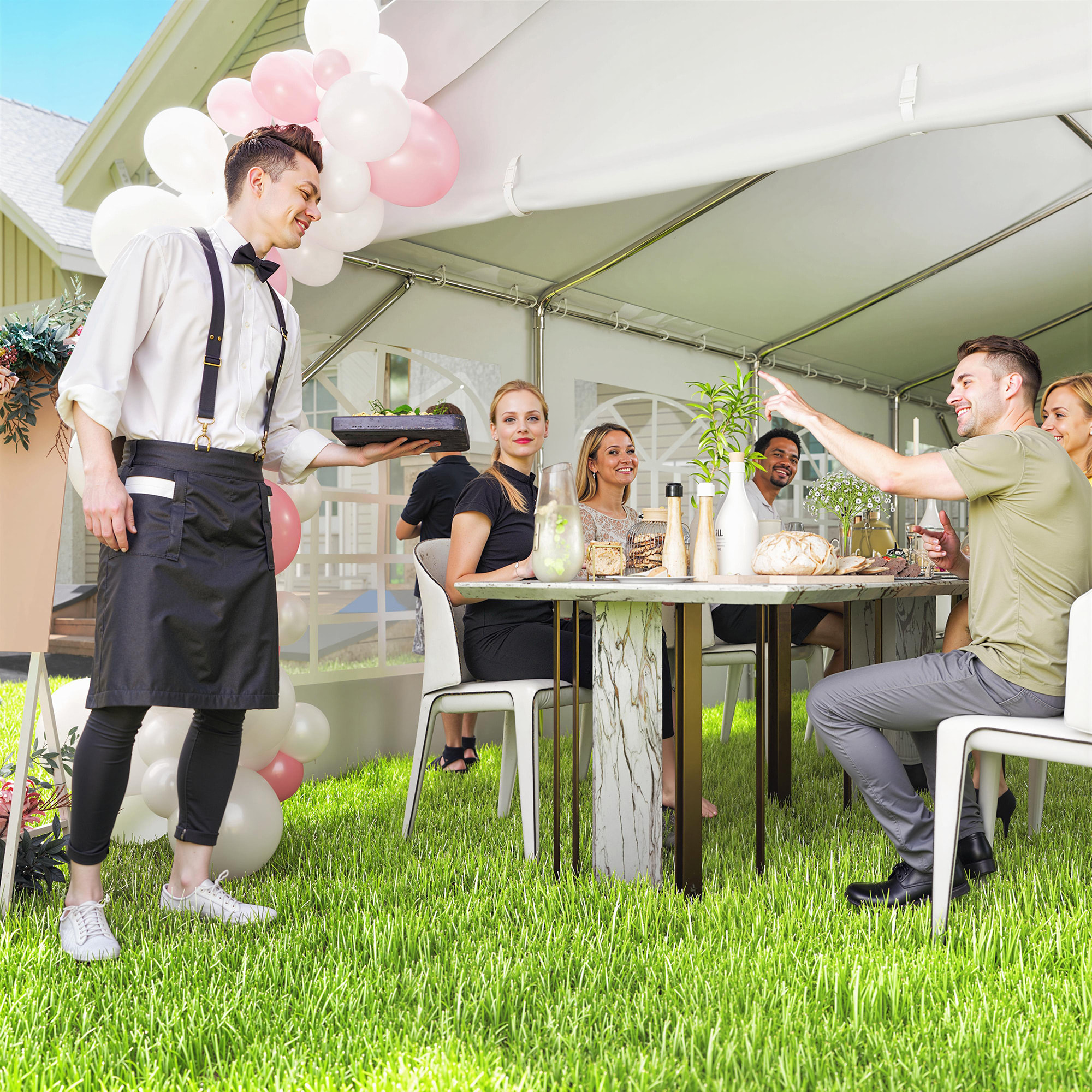 Carpa para Fiesta 4x8 m, Carpa de Jardín con Estructura de Acero Galvanizado, Paredes Laterales Extraíbles, Puerta con Cremallera y Ventanas, UPF50+, Cenador Gazabo para Boda, Eventos, Blanco