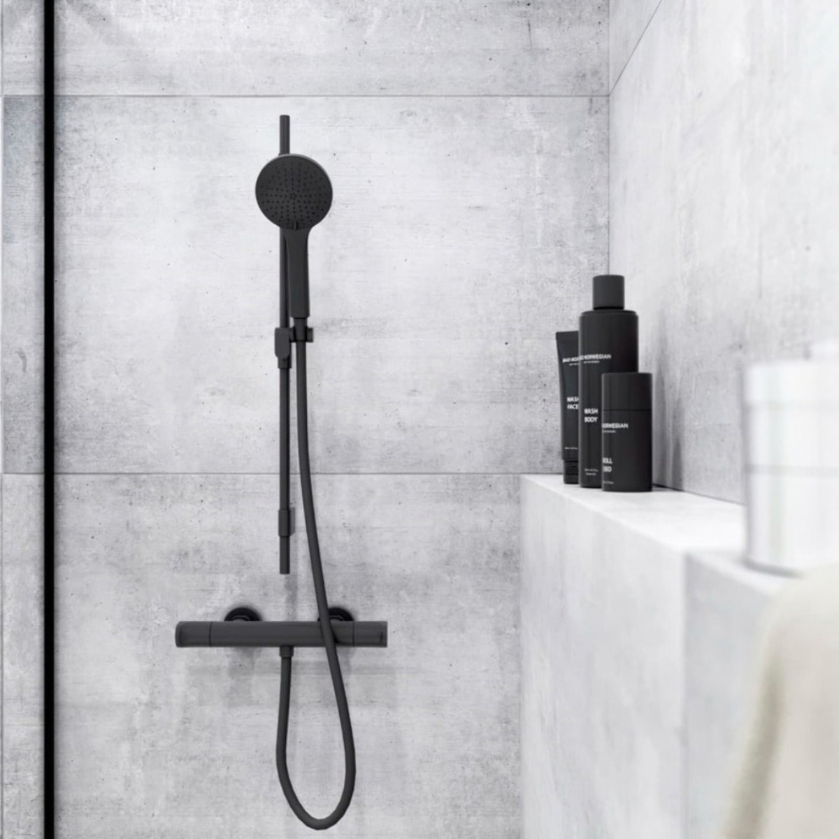 Set de douche style industriel - 3 fonctions, débit 7 l/min - tuyau flexible 70 cm, garantie 5 ans - noir mat