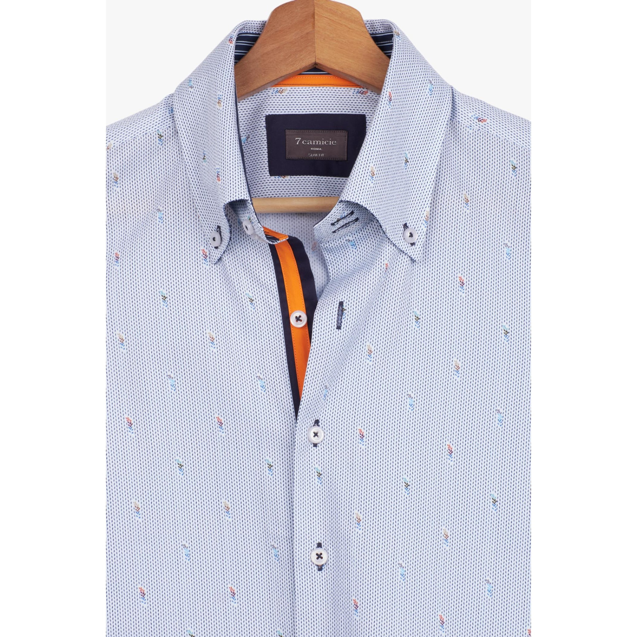 Camicia Uomo 2 Bottoni Button Down Slim Armaturato Fantasia Bianco e Blu