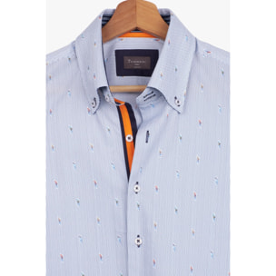 Camicia Uomo 2 Bottoni Button Down Slim Armaturato Fantasia Bianco e Blu