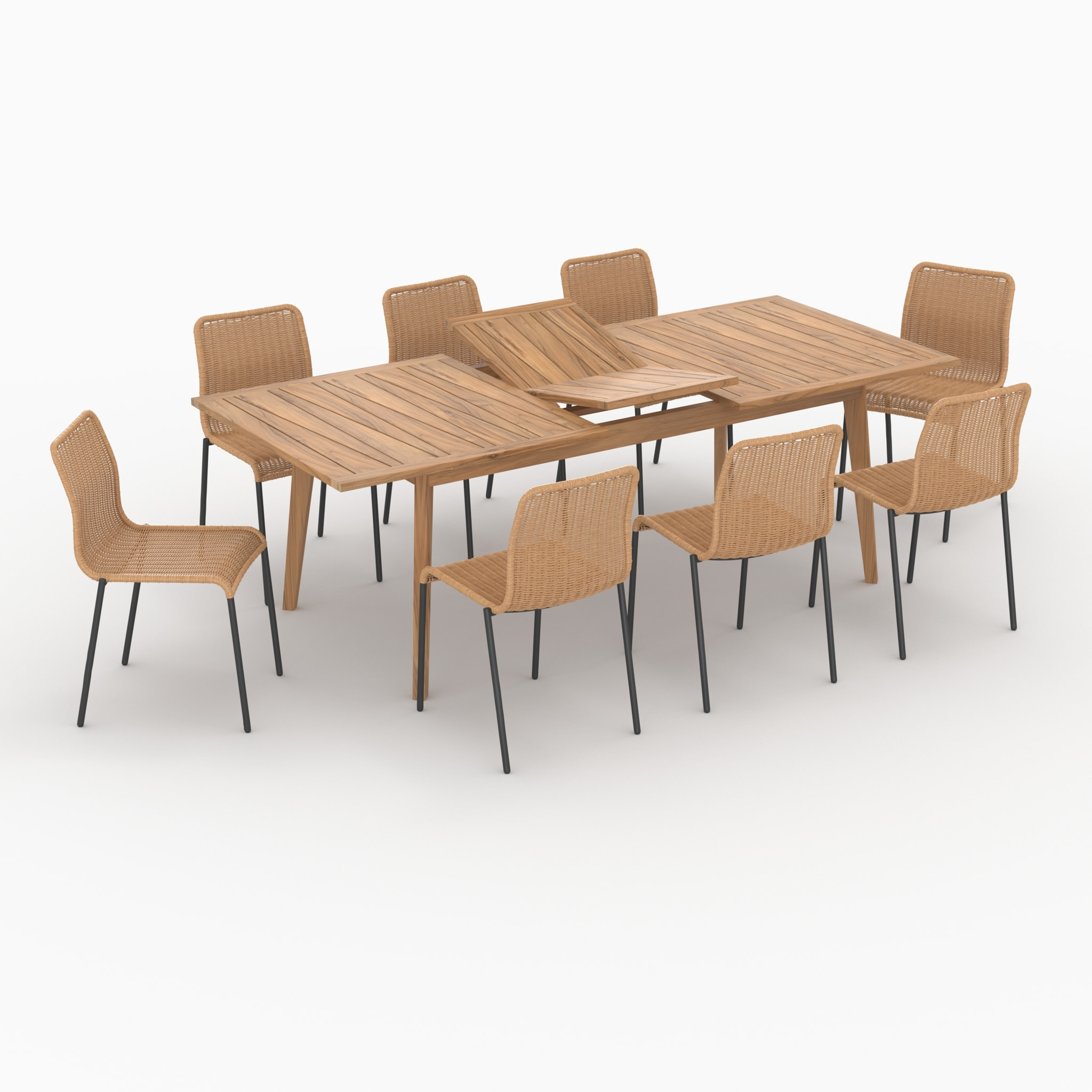 Table et chaises de jardin 8 personnes, bois, résine tressée naturelle - Tunga