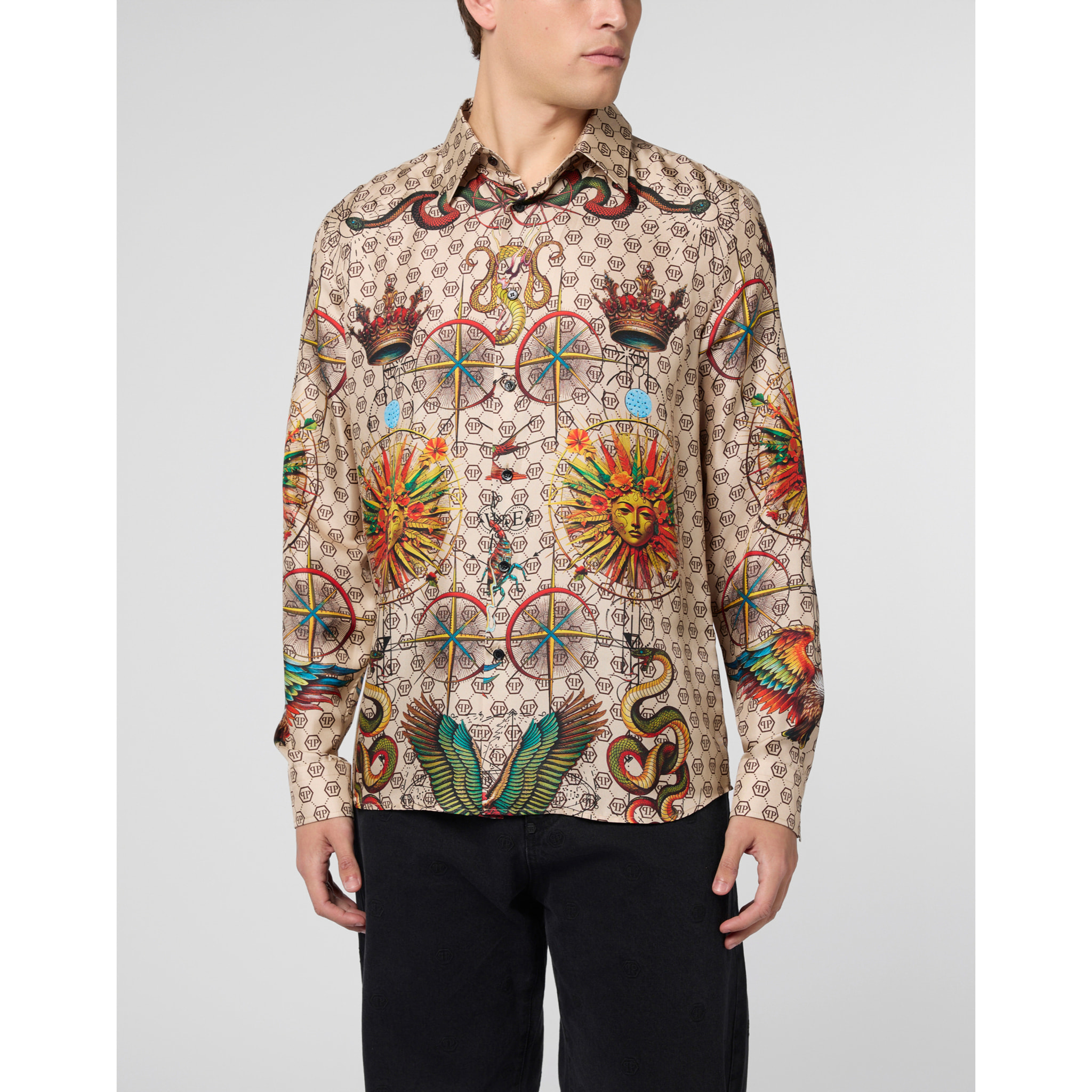 PHILIPP PLEIN Silk Pajamas Shirt Monogram Tattoo