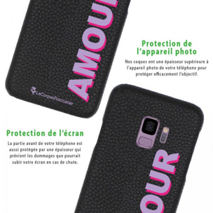 Coque Samsung Galaxy S9 effet cuir grainé noir Amour parme et fushia Design La Coque Francaise