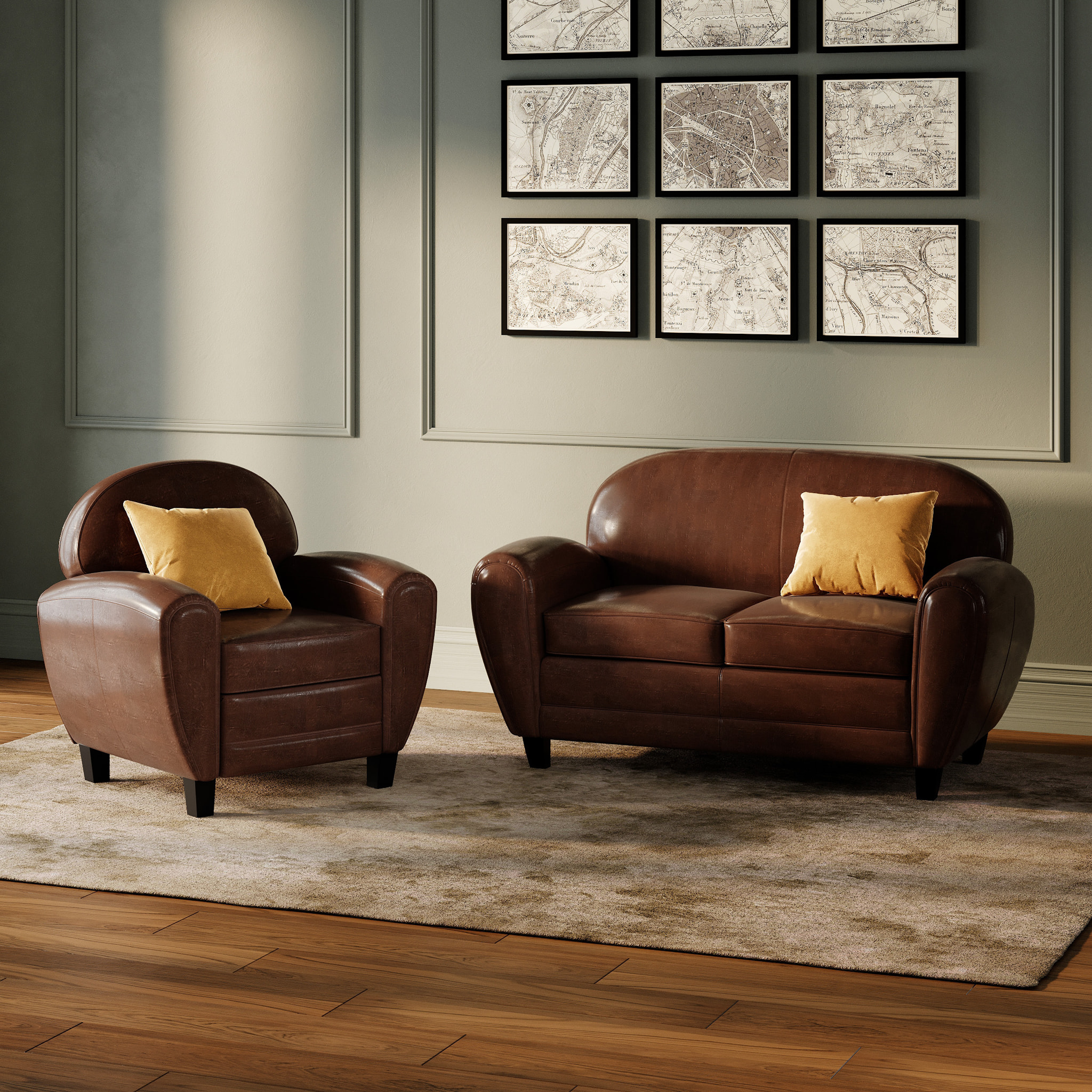 Ensemble canapé et fauteuil marron foncé 3 places - Club - Club
