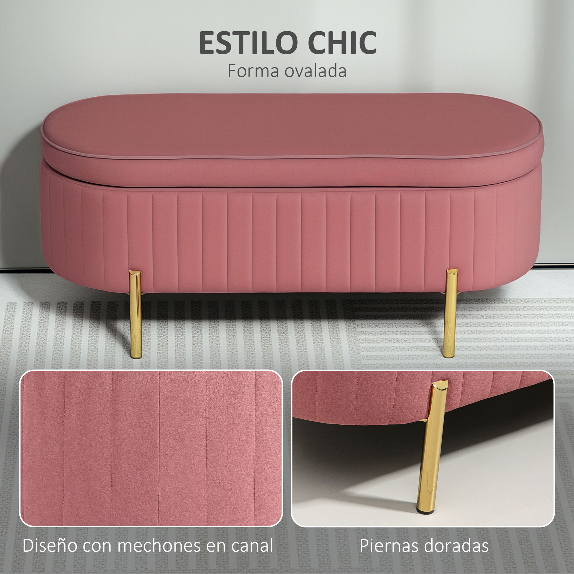 Banco Pie de Cama Tapizado en Terciopelo Puff Almacenaje con Espacio de Almacenaje y Patas Doradas Banqueta para Dormitorio Entrada 108x44x43,5 cm Rosa