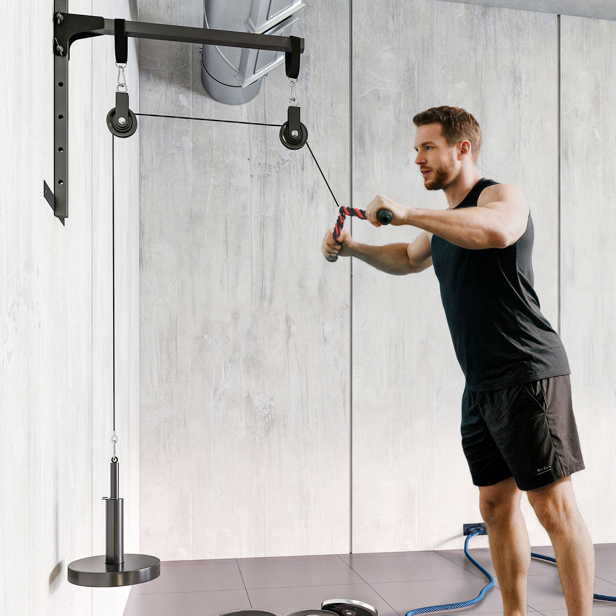 Station de traction murale - machine poulie musculation - LAT pulldown exercices - acier nylon rouge noir