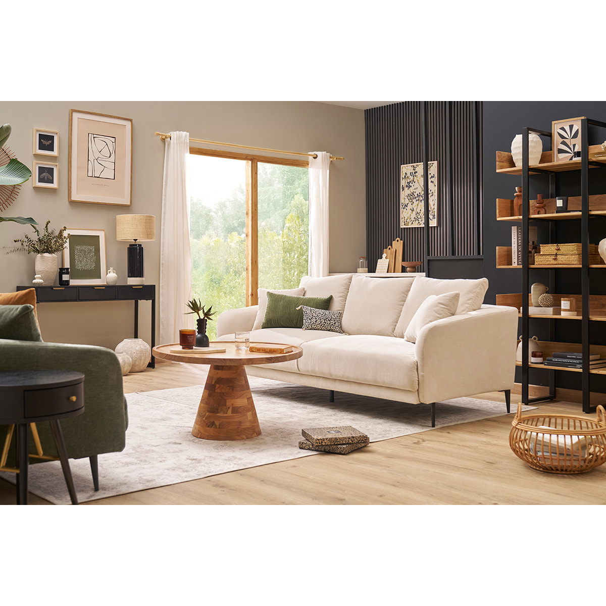 Canapé design 3 places en tissu effet velours beige et métal noir JERRY