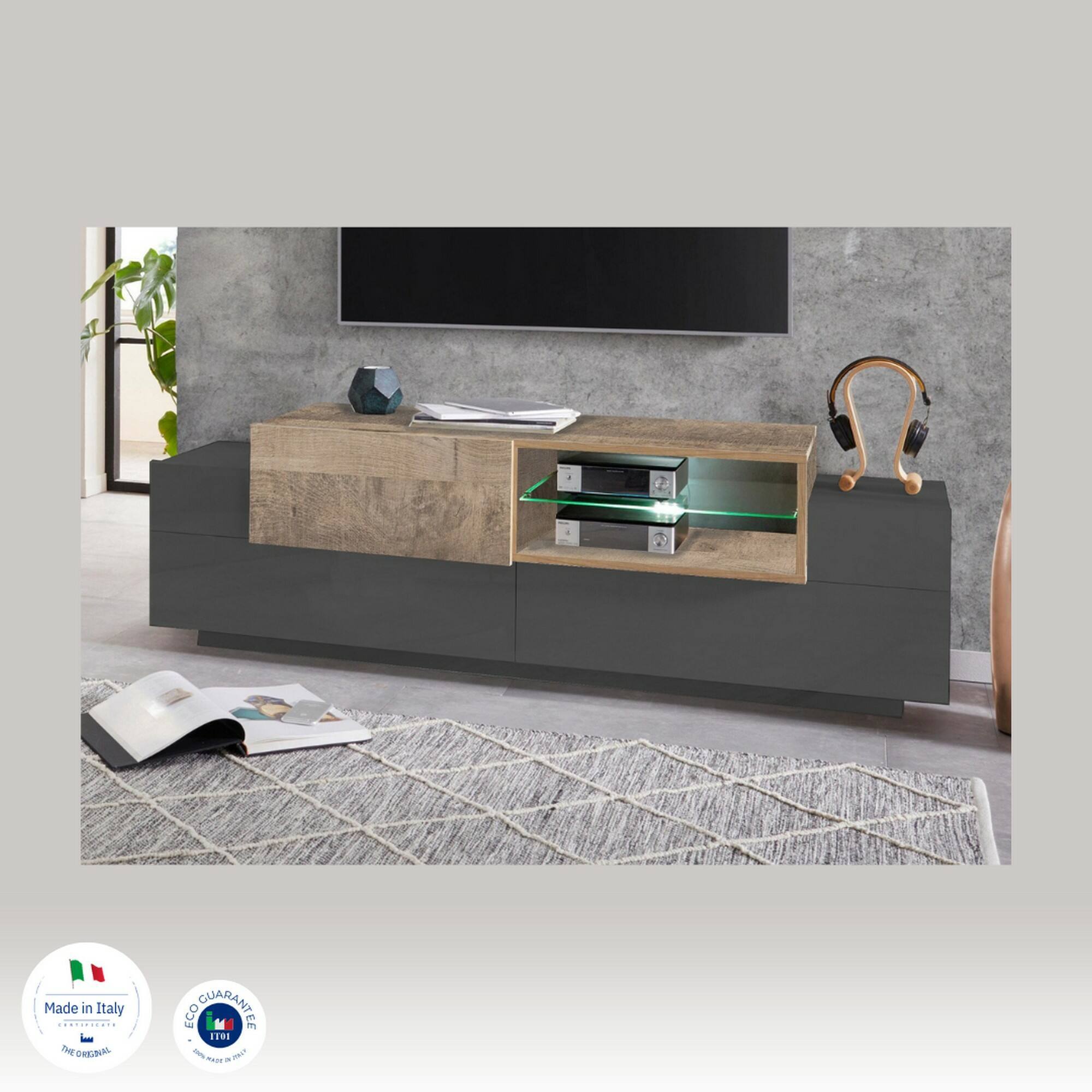 Mobile porta TV Pablo, Credenza bassa da soggiorno, Base porta TV, 100% Made in Italy, cm 160x45h51, Antracite e Acero