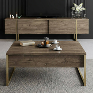 Tavolino da salotto Lavinia, Tavolo basso da caffè, Portariviste per divano, Ripiano da soggiorno, 90x60h40 cm, Noce e Oro