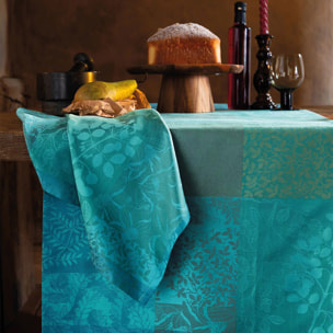 Nappe pur coton enduit motif jacquard vert Mille rameaux emeraude