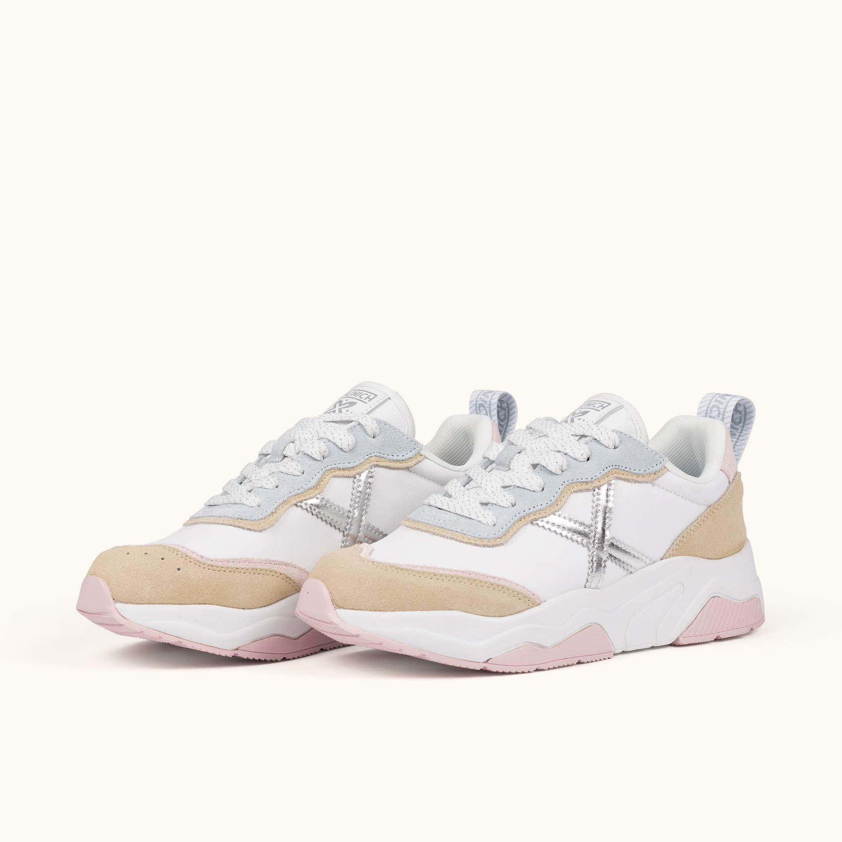 Zapatillas de diseño retro con volumen Blanco, Beige, Rosa Pastel y Plata MUNICH WAVE 183