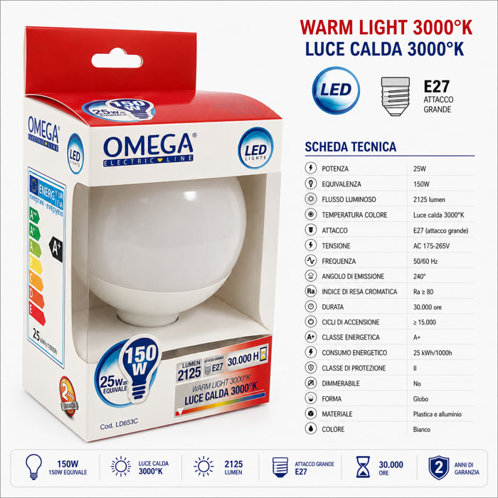 OMEGA Lampada Led Globo Alta Potenza 25W 2125 Lumen E27 3000K