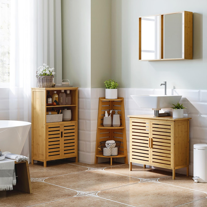 Miroir de salle de bain avec placard 2 portes - 2 étagères - bois de bambou verni