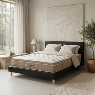 Ensemble matelas Bali & lit fixe Colisée | Mémoire de forme et ressorts ensachés | cadre à lattes | Simili cuir | Noir