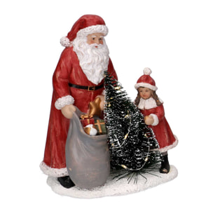 Statua in resina babbo natale con bambina rossa con led cm15x11h18,5