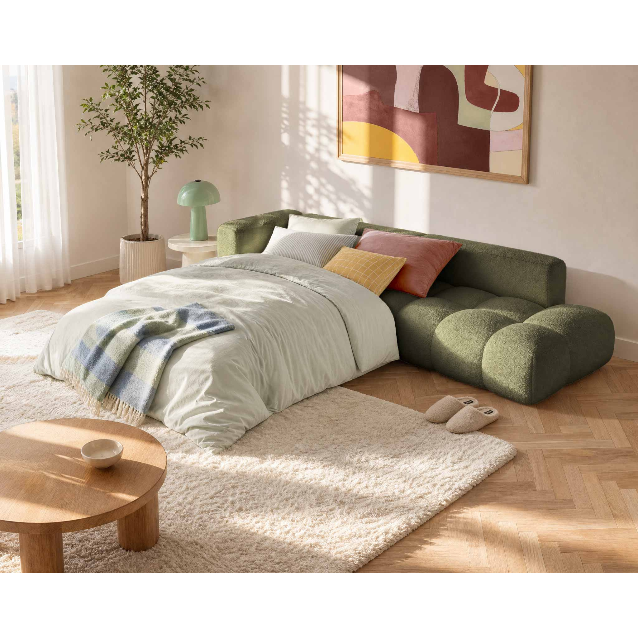 Yulin - Canapé d'angle L 5 places convertible avec coffre en tissu bouclette - Vert