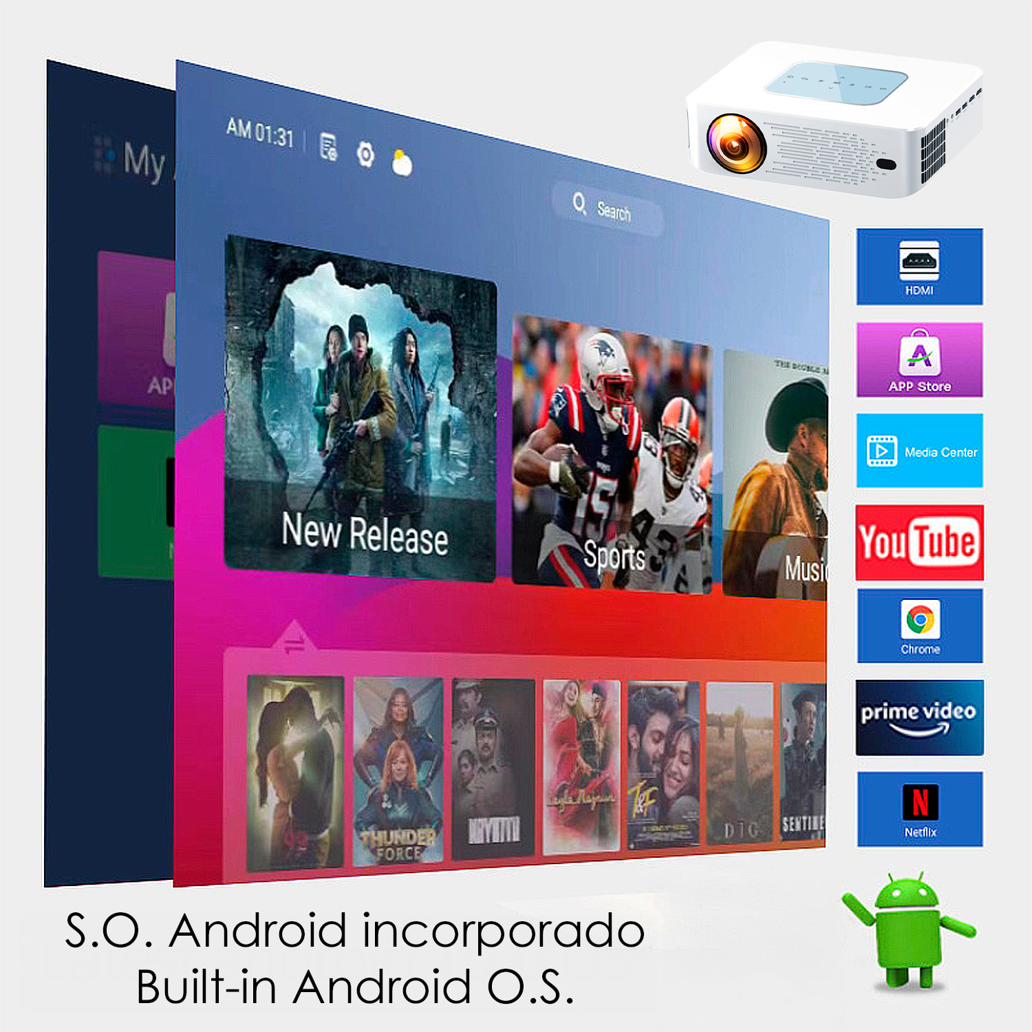 Proyector LCD Y2 soporte de 4K UHD, duplicación de pantalla para iOS y Android. De 60 a 150 pulgadas, 260 lm. Con mando a distancia.