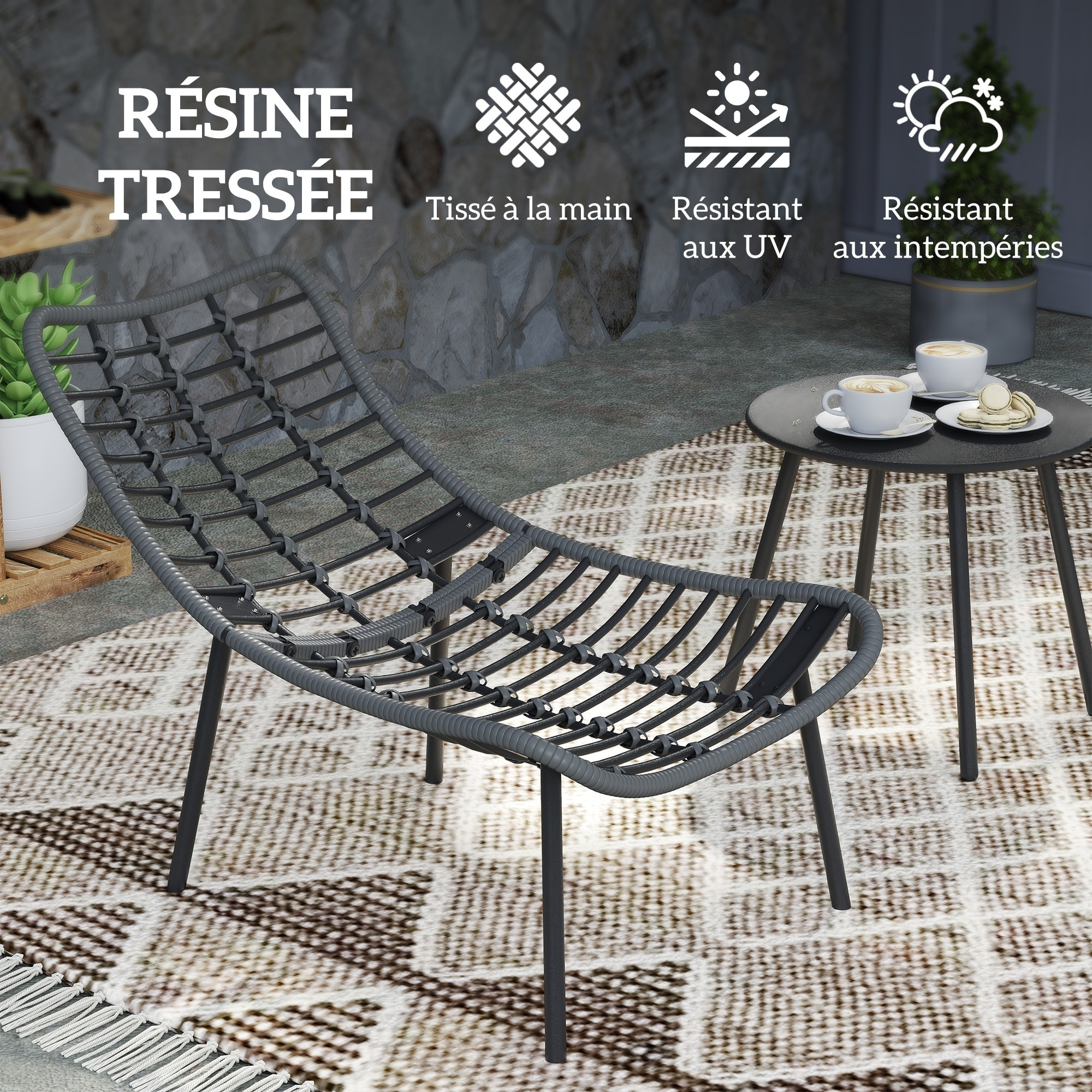 Salon de jardin 2 places 3 pièces style cosy épais coussins capitonnés 15 cm acier résine gris