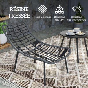Salon de jardin 2 places 3 pièces style cosy épais coussins capitonnés 15 cm acier résine gris